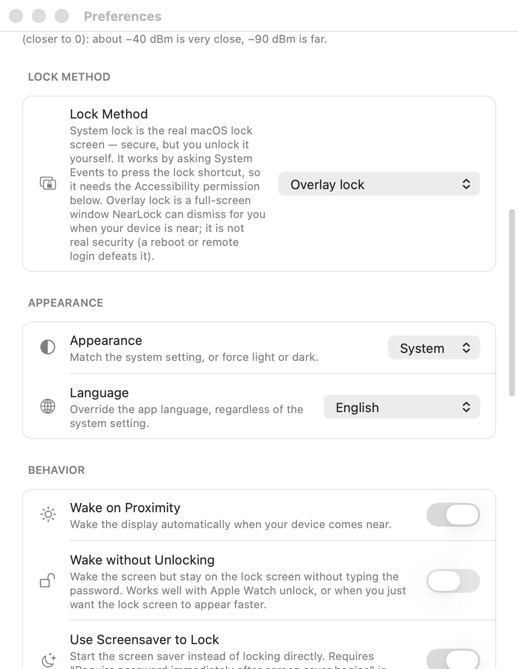 NearLocky preferences showing lock method, appearance, and behavior options