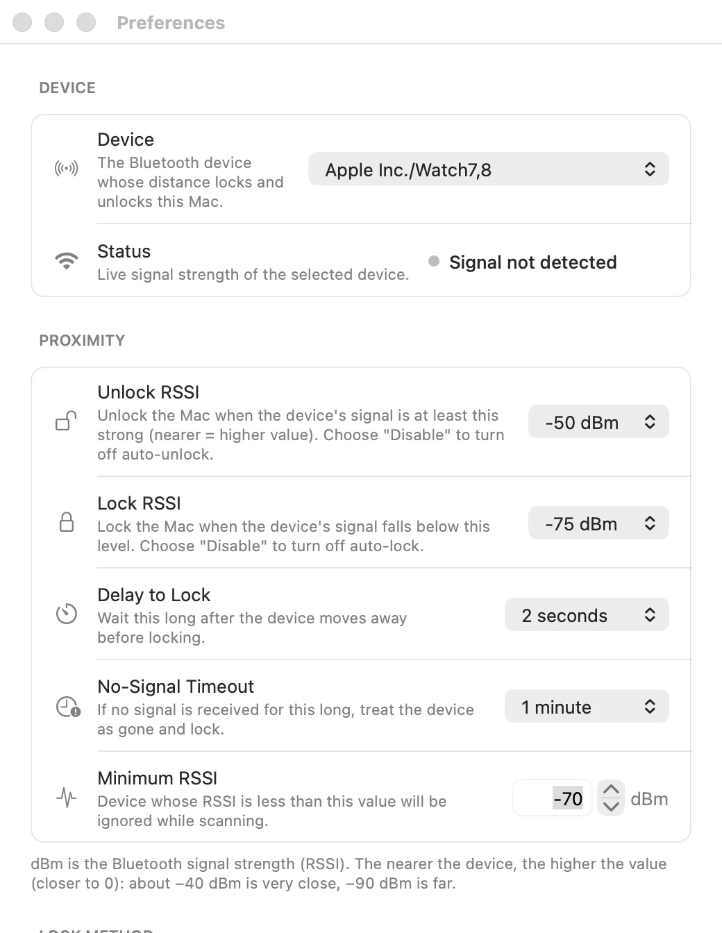 NearLocky preferences showing proximity distance thresholds