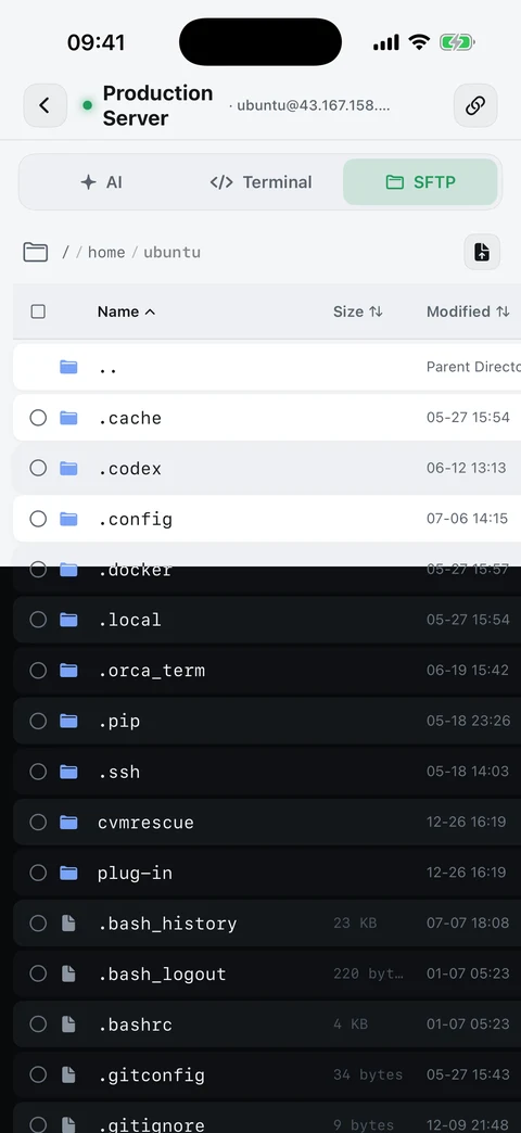 ShellPilot SFTP file browser screen